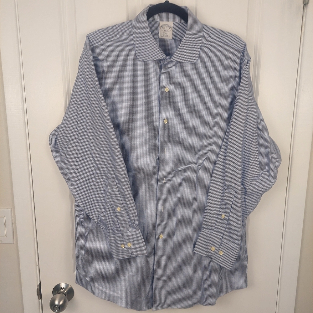 Brooks Brothers Non-Iron Cotton Dress Shirt, Men's 17 White & Blue Check